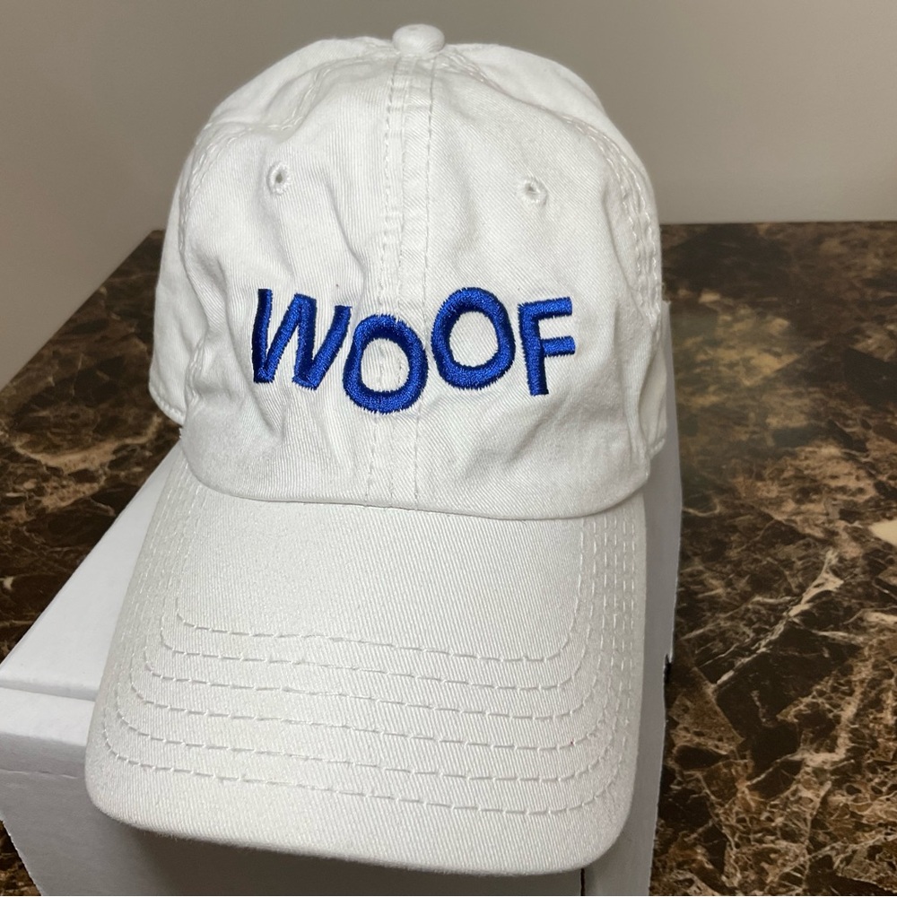 White Cap with Blue 'WOOF' Embroidery